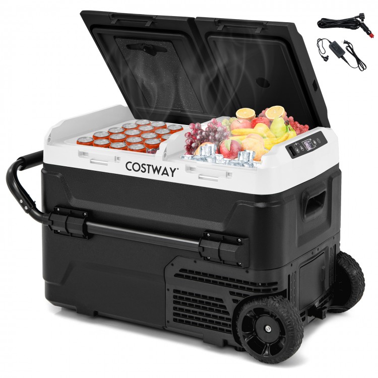 Dual zone 12V 42QT car refrigerator in black, featuring wheels, LED lights, and cup holders for convenient travel use.
